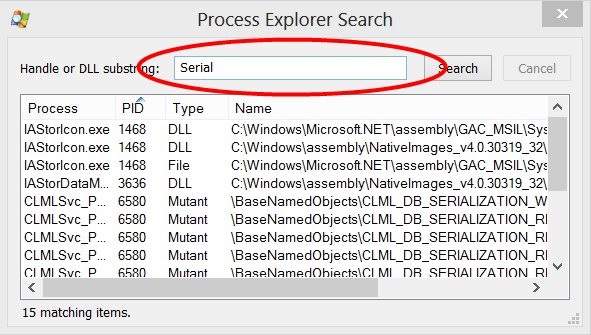 Окно поиска программы Process Explorer
